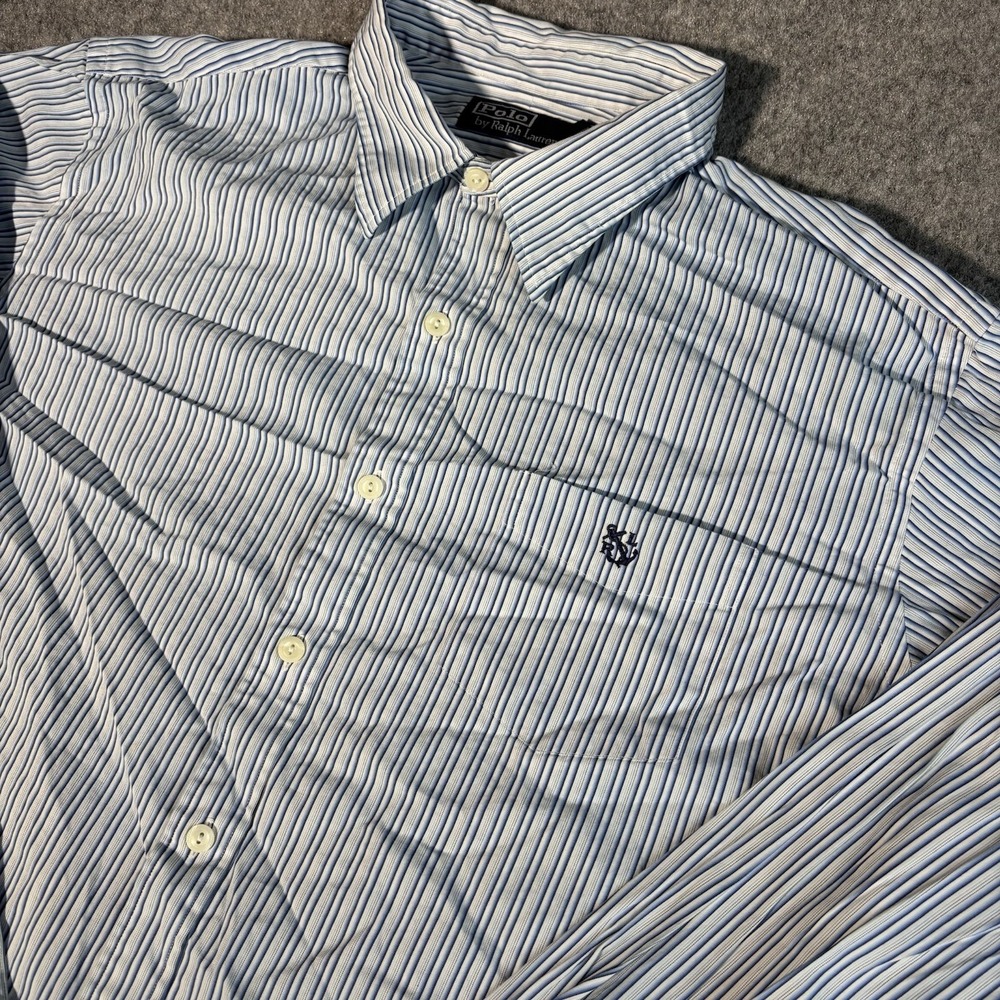 Vintage Polo Ralph Lauren Shirt Mens Xl Anchor Logo Long Sleeve‎ Striped Blue